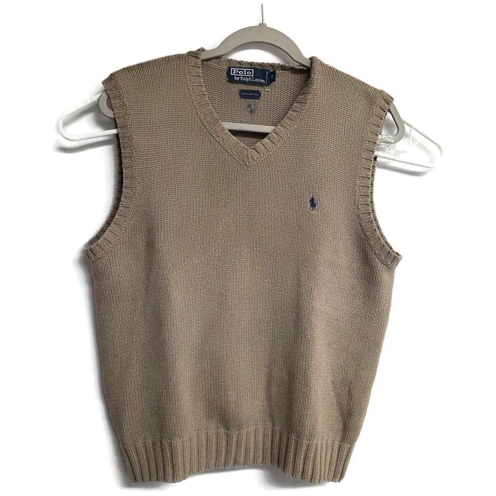 Polo Ralph Lauren Mens V-Neck Sweater Vest Tan Brown Cotton Knit Pony Logo S